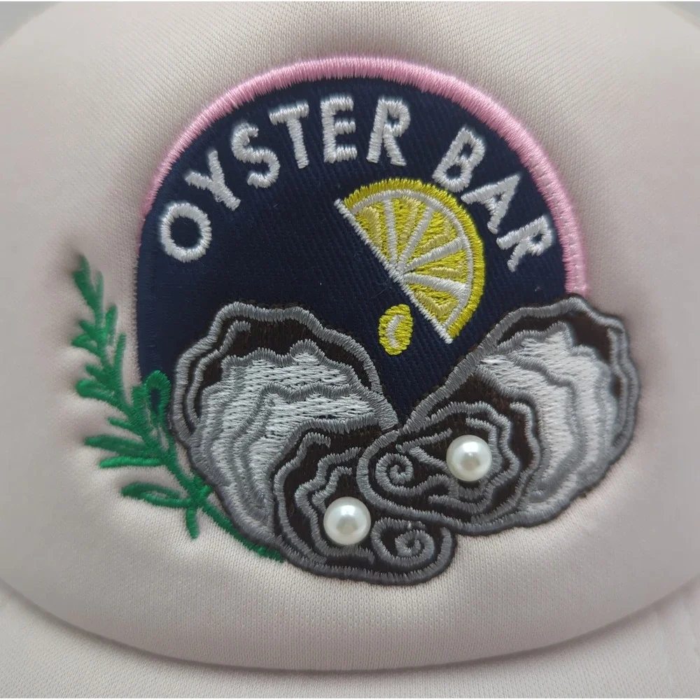 Patchwork by La Valentina Oyster Bar Trucker Hat Pink Mesh Snapback Pearl Detail